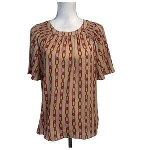 Ann Taylor Blouse Top size Small Khaki Red Pink Chain Print Smocked Stretch